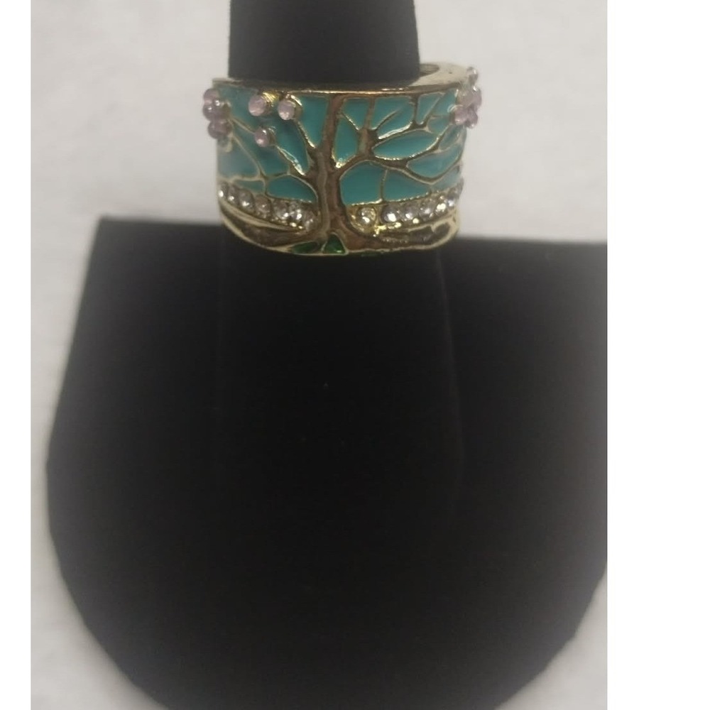 Gold Tone Teal Enamel Tree or Life tatement Band Ring Size 6.5 Floral Whimsical